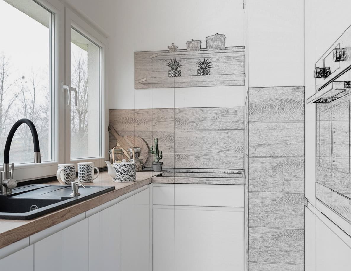 Modern kitchen renovation by RB Thomas — design render transitioning to finished build