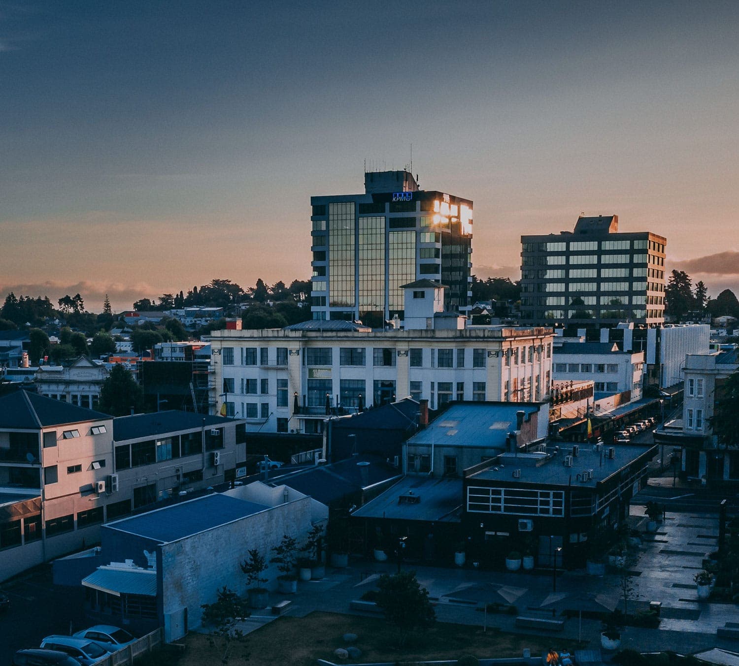 Town centre buildings at dusk