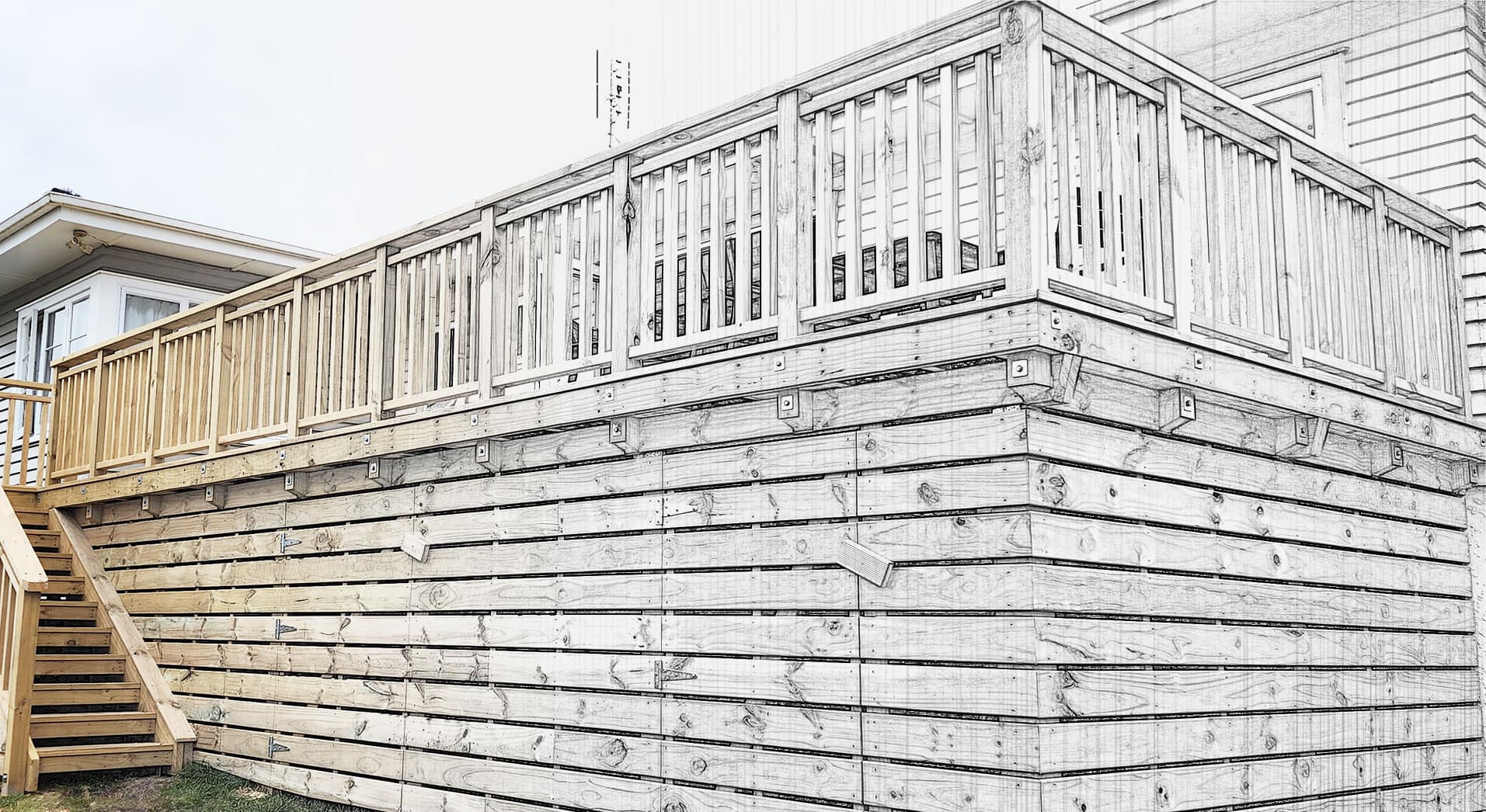 Timber deck and balustrade by RB Thomas — design render transitioning to finished build