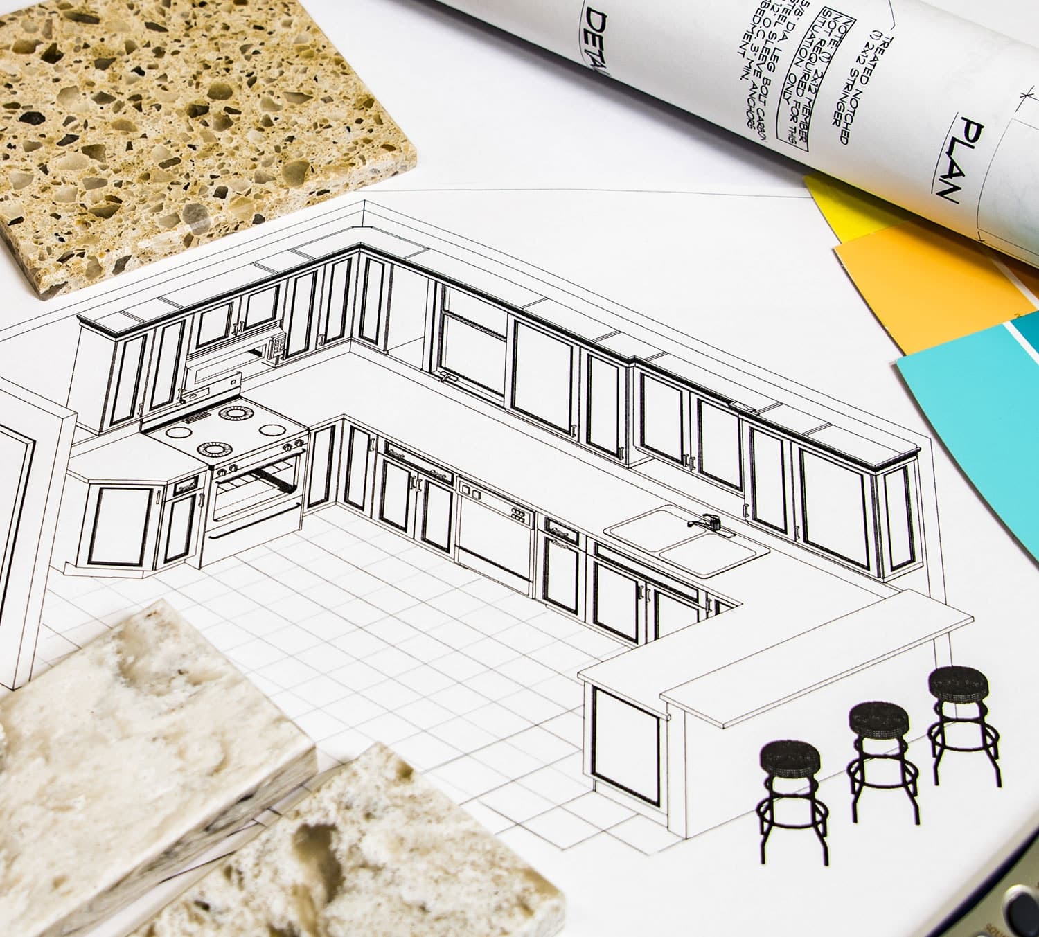 Kitchen plans and benchtop material samples
