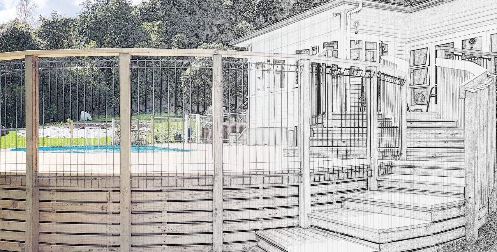 Pool fence and deck project by RB Thomas — design render transitioning to finished build