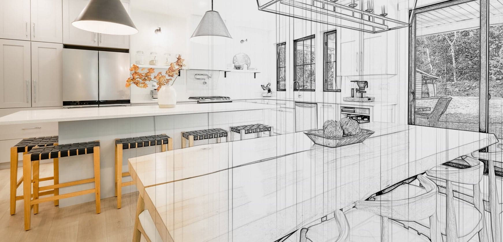 Kitchen renovation by RB Thomas — design render transitioning to finished build