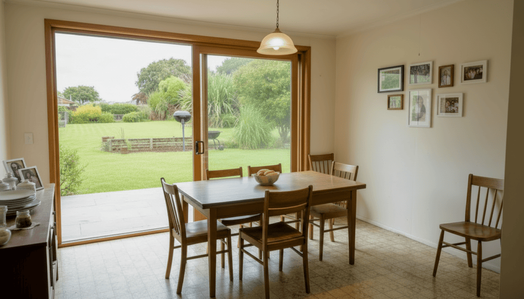 Dining area opening onto the garden through sliding doors