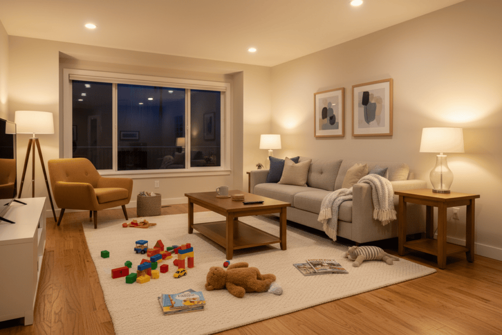 Warm, well-lit living room set up for family life