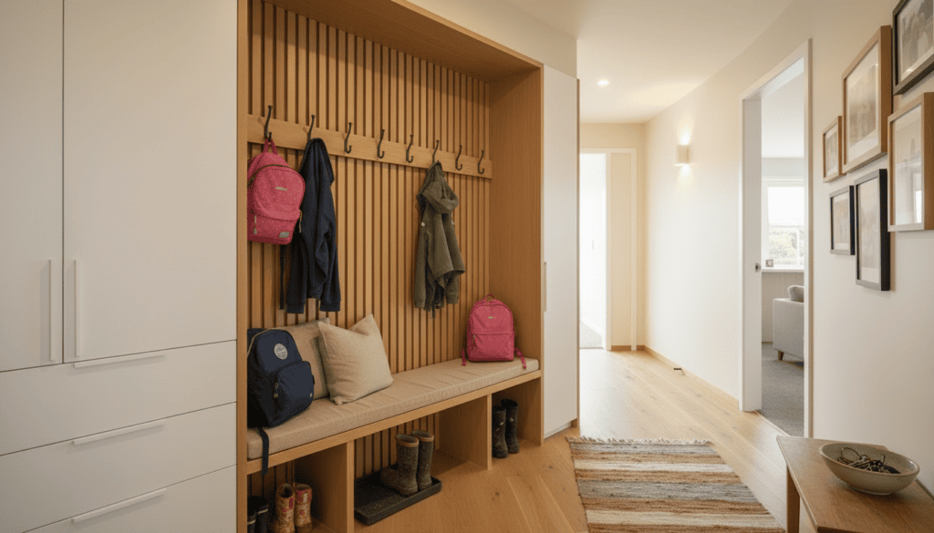Entry mudroom with a built-in bench and coat hooks