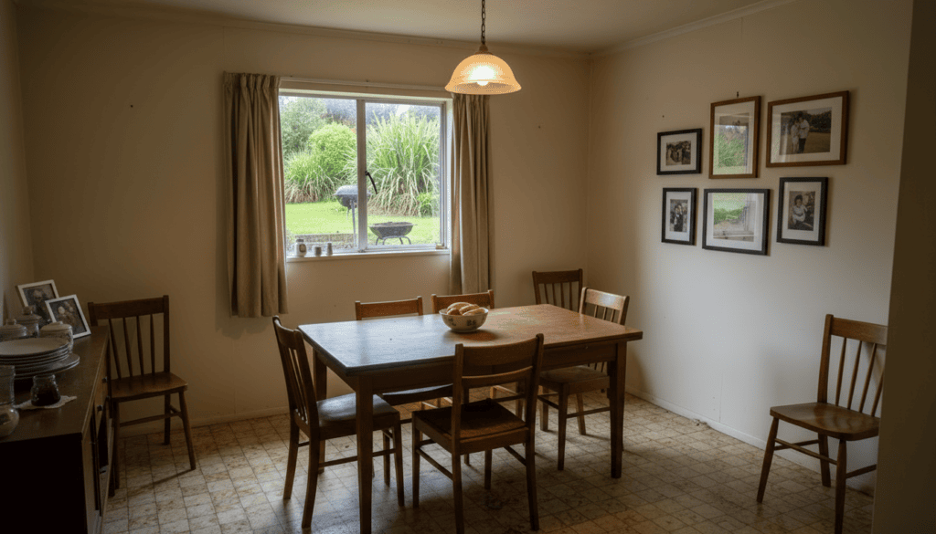 Dining room with a timber table and garden outlook